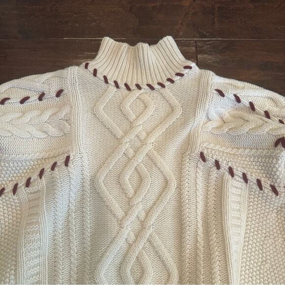 BA&SH Eba Cable Knit Mock Neck Wool Pullover Sweater Small Cream Maroon - Picture 7 of 14